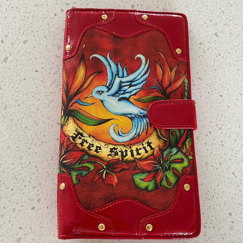 ISABELLA FIORE "Free Spirit" Tattoo Leather Wallet document holder red  folder